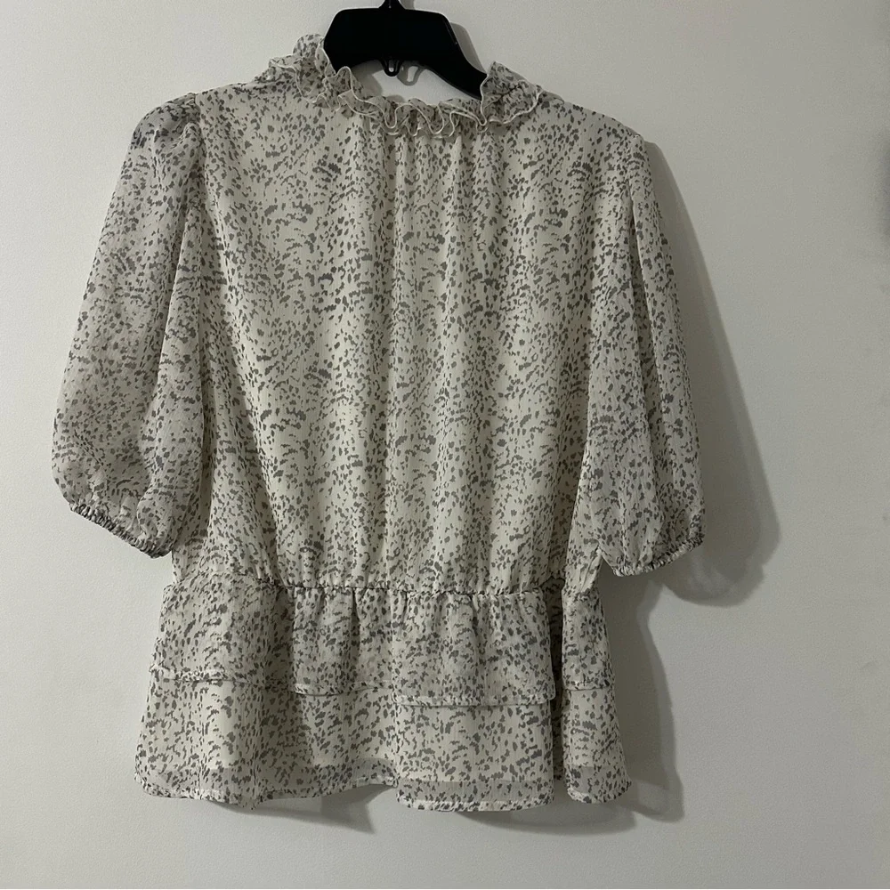 Express Ruffle V-Neck Blouse - Cream and Gray - Picture 3 of 4